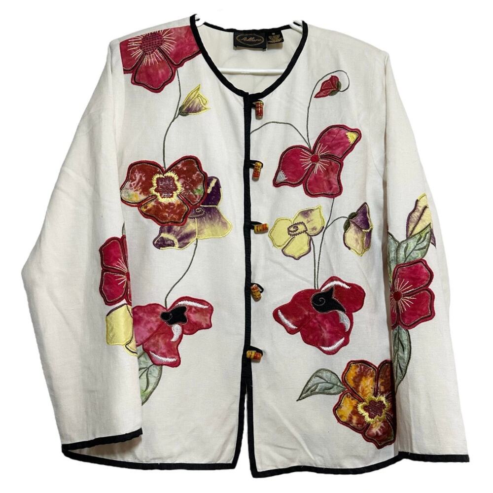 VTG Allure Blazer Flax Jacket Art to Wear Floral Applique Embroidered White S